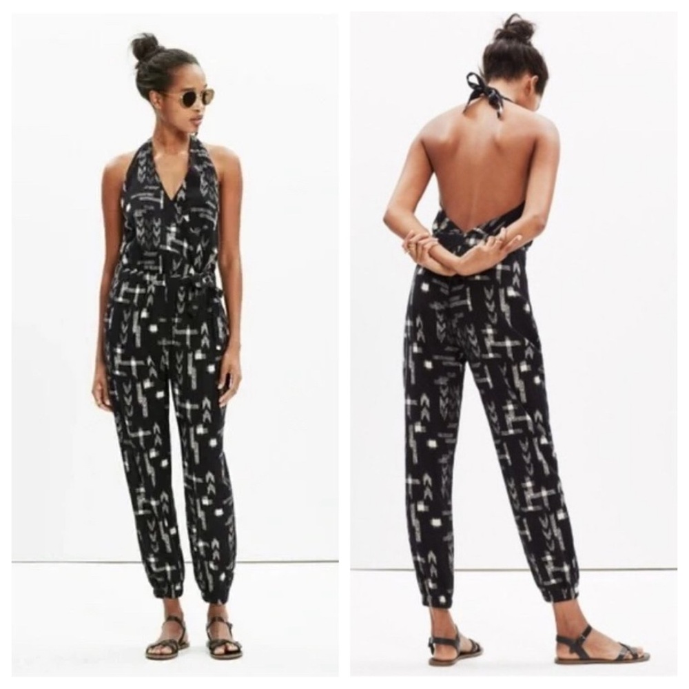 Madewell Magdalena Black Ivory Halter Jumpsuit Size XXS Pockets Adjustable Waist